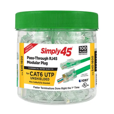 SCP SIMPLY45-CAT6 PASS THROUGH MODULAR PLUGS FOR 23awg CAT6 (100 PCS) SCP SIMPLY45-CAT6 PASS THROUGH MODULAR PLUGS FOR 23awg CAT6 (100 PCS)